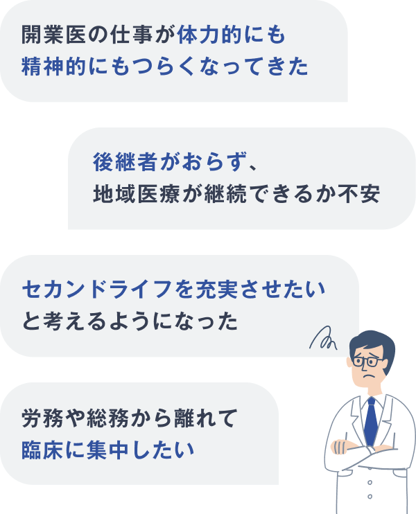 開業医の仕事が体力的にも精神的にもつらくなってきた。後継者がおらず、地域医療が継続できるか不安。セカンドライフを充実させたいと考えるようになった。労務や総務から離れて臨床に集中したい。